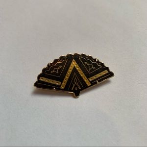 Damascene Style Fan Brooch Black and Gold Spanish Vintage